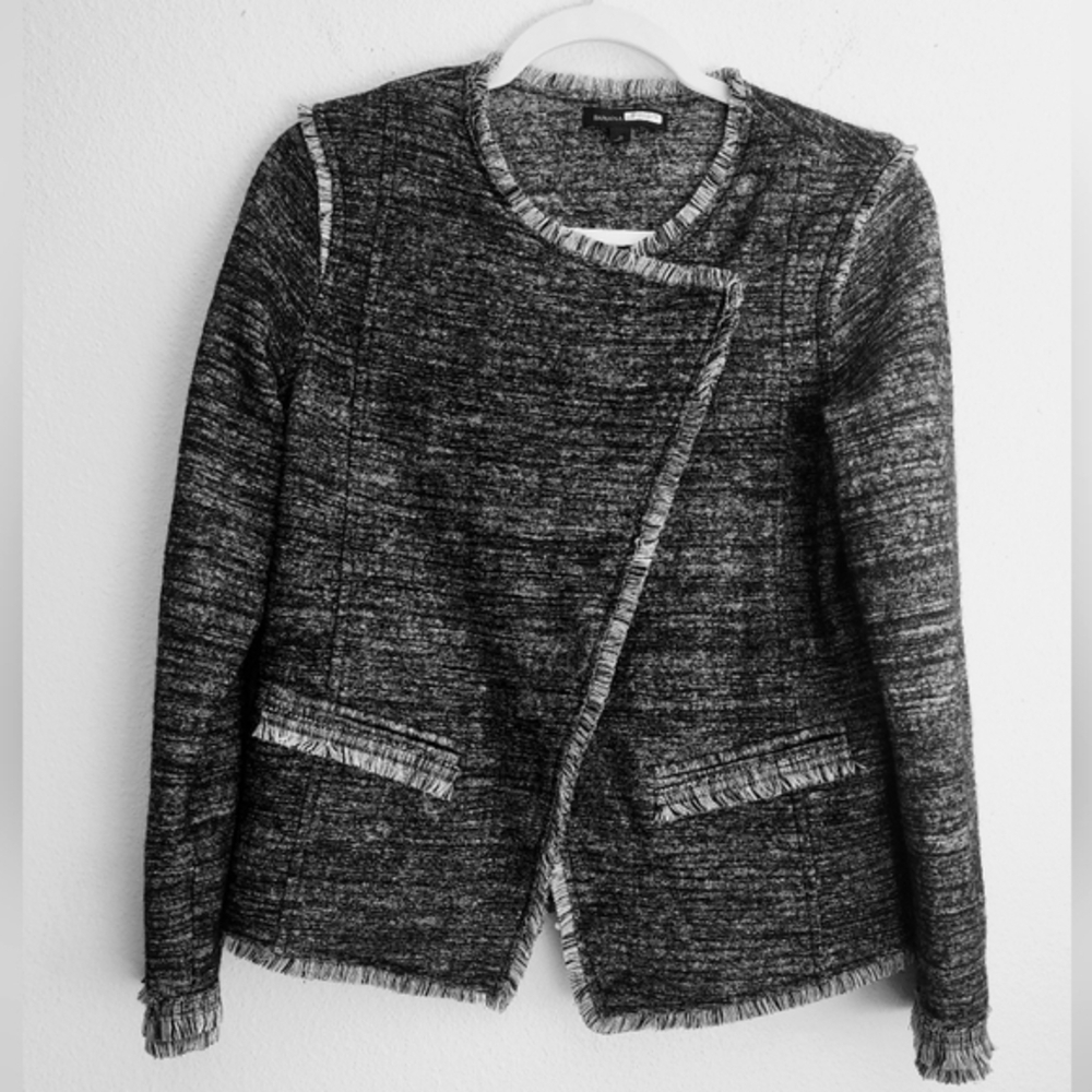 Banana Republic Asymmetrical Frayed Tweed Jacket Gray Sz S
